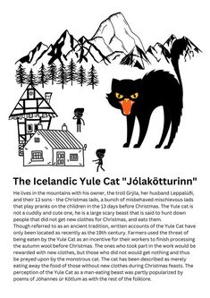 an image of a black cat with yellow eyes and the words, the iceland yule cat