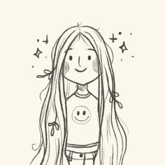 a black and white drawing of a girl with long hair wearing a t - shirt