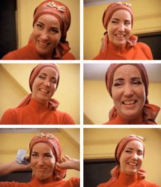 the woman is smiling and wearing a red head scarf on her head with four different angles