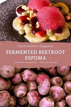 a plate with some food on it and the words fermented beetroot espuma