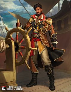 a painting of a man dressed in pirate garb and holding a steering wheel on the deck of a ship