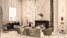 an elegant dining room with chandelier and fireplace in the center, surrounded by white walls