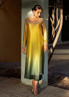 Raw Silk Dress Pakistani Simple, Silk Dress Ideas Pakistani, Yellow And Green Outfit, Raw Silk Dress, Shirt Trouser, Pakistani Fancy Dresses, Desi Fashion Casual, Pakistani Fashion Party Wear, Beautiful Pakistani Dresses