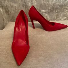 Runs Big. Fits Like An 8.5. Brand New. Never Used. Red Heels With 4-inch Heel For Work, Red Suede High Heels, Red High Heel Court Shoes For Work, Red High Heel Workwear Heels, Red High Heels For Work, Red Suede Pointed Toe Heels, American Shoes, Red Suede, Good American