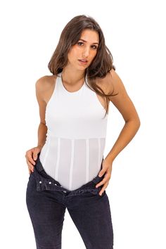 Fabonics White High Neck Corset Tank Bodysuit for Women White High Stretch Shapewear With Built-in Bra, Chic White Corset With Built-in Bra, White Stretch Shapewear, Stretch Sleeveless Corset Shapewear, Fitted White Underbust Shapewear, Stretch Sleeveless Shapewear Corset, White Underbust Shaping Shapewear, White Nylon Bodysuit With Lined Body, White Shapewear With Medium Bust Support