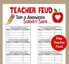 a teacher's survey sheet with an apple and pencil on it, which says top 3 answers survey says play teacher field