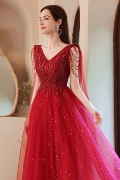 Red V-neck Evening Dress For Banquet, Red V-neck Banquet Dress, Red V-neck Evening Dress For Prom Season, Embellished V-neck Evening Dress, Red V-neck Maxi Dress For Evening, Red Embellished V-neck Evening Dress, Pakistani Gowns, Red Frock, Prom Dress Burgundy