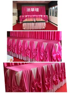 pink and white table cloths with bows on the top are shown in three different views