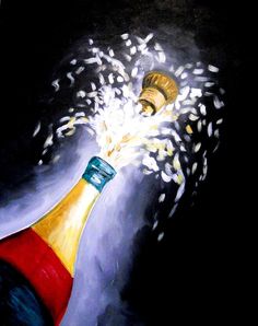 a painting of a bottle of champagne with fireworks