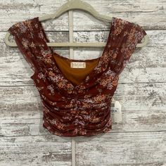 Mesh Sleeves 41769 Fitted Burnt Orange Top For Summer, Brown Long Sleeve Top With Floral Embroidery, Brown Mesh Top, Brown Vintage Printed Tops, Brown Floral Embroidered Long Sleeve Top, Cruise Prep, Brown Floral Print Long Sleeve Blouse, Forever 21 Brown Spring Top, Mesh Sleeves