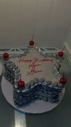 a birthday cake with two cherries on top and the words happy birthday written on it