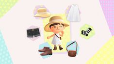 an animated image of a woman wearing a hat and holding a handbag with other items surrounding her