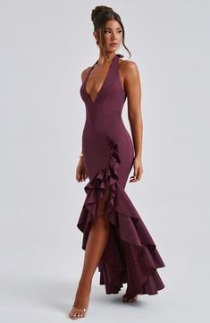 A stunning blend of elegance and charm, the Veronique maxi adds a captivating edge to your formal wardrobe this season. With its halter, plunge neckline and boning to the bodice to give a contoured, snatched shape to the figure, this design is elevated with a ruffle detail to the skirt. The look is complete with a playful, feminine split to the skirt. 



Colour: Cherry Lacquer.

Premium cotton blend fabric.

Fully lined.

Halter, plunge neckline.

Tie closure to back of the neck.

Boning in bodice.

Ruffle detail skirt.

Split in skirt.

Invisible zipper fastening.

Maxi length.

 Size: XS, S, M, L, XL, XXL Split Long Dress, Vest Blouse, Loungewear Dresses, Cherry Dress, Maxi Dress Sale, Maxi Dress Navy, Jumpsuit Shorts Rompers, Plunge Neckline, Formal Party