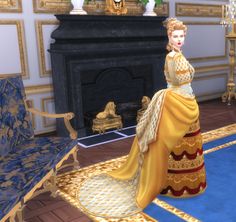 a woman in a yellow dress is sitting on a blue rug near a fire place