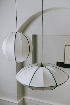 two lamps hanging from the ceiling in a room