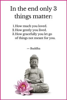 buddha quote with pink lotus flower in front of it and an image of buddha sitting on the