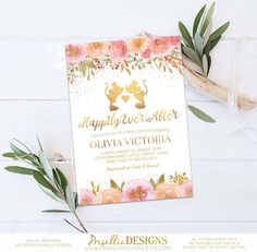 an image of a wedding card with flowers and gold foil on the front that says happily ever after