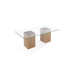 a glass and wood table with two square bases on each side, in front of a white background