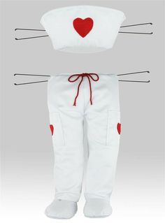 a white teddy bear with red hearts on it's chest and pants, all in the shape of a cat