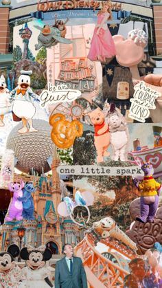 a collage of disney characters and other things in front of a building with the words disneyland written on it