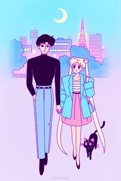 two people standing next to each other in front of a city skyline with a cat on the ground