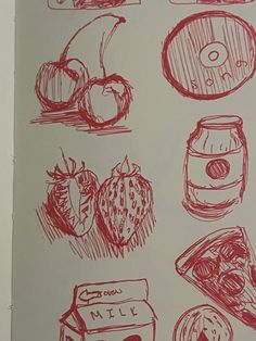 a piece of paper that has some drawings on it with fruit and other food items