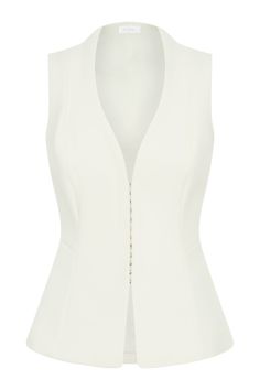 Tailored to impress. The MELINDA Structured Vest Top is a chic staple that elevates your wardrobe effortlessly. Featuring a flattering V neckline and a convenient hook-and-eye centre front closure, this top blends sophistication with modern style. Its structured design offers a tailored fit that enhances your silhouette while ensuring all-day comfort. The flared hem adds a playful touch, creating a dynamic flow that pairs beautifully with any bottom. With its longline length and sleeveless desig Elegant Tailored V-neck Top, Elegant Structured Tops For Night Out, Chic Tailored Tops For Night Out, White Fitted Structured Top, Tailored Elegant Tops For Spring, Tailored Elegant Tops For Party, Tailored Elegant Spring Tops, Elegant Tailored Sleeveless Tops, Chic Tailored Tops For Evening