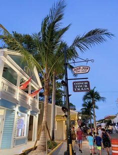 people walking on the sidewalk in front of shops and palm trees at dusk with blue sky