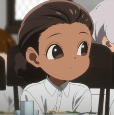 an anime character sitting at a table with food in front of her and two other people behind him