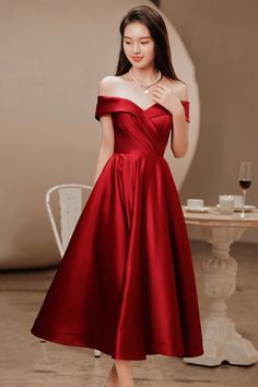 Wine Red Satin Tea Length Bridesmaid Dress Party Dress, Burgundy Satin Homecoming Dress