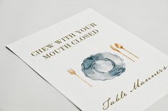 a close up of a greeting card with a fork and spoon on the front that says chew with your mouth closed