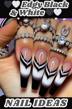 Different Shape Nail Set, Los Vegas Nails, Red Design Nails Acrylic, Unique Nails Acrylic, Black And White Stiletto Nails, Black French Tip Nail Designs, Trending Acrylic Nail Designs, French Tip Nails Ideas, White Stiletto Nails