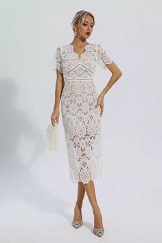 The Skyler White Lace Cutout Midi Dress is the perfect choice for a getaway. This lace dress features intricate cutouts and a V-neck neckline for a unique and eye-catching elegance. Water-soluble lace ensures exceptional comfort, making this stylish piece a must-have for your wardrobe. Just pair it with high heels or flats and you'll get lots of compliments.  Dress Length: Approx 124cm Materials: Water-soluble Lace Gentle Dry Clean Only Or Hand Wash It In Cold Water (Remember Not To Soak It)  Th Skyler White, African Blouses, Glitter Wedding Dress, White Lace Midi Dress, Cutout Midi Dress, Bandage Midi Dress, Lace Cutout, Glam Girl, Floral Shirt Dress