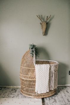 a wicker crib with a deer head mounted on the wall and a plant in it