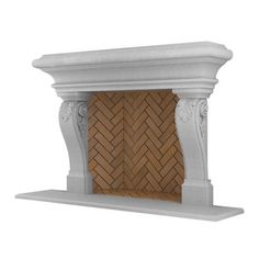 a stone fireplace with a brick hearth and decorative carvings on the top, in front of a white background