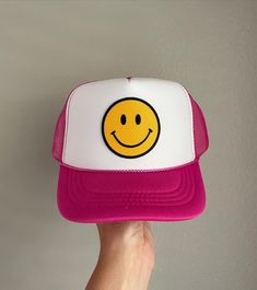 unisex kids trucker hat adjustable snapback closure smiley patch  Colors as shown. Available in Teal/White on my shop page! Fun Adjustable Trucker Hat With Smiley Face, Cute Adjustable Smiley Face Hat, Adjustable Fun Trucker Hat With Smiley Face, Casual Trucker Hat With Smiley Face, Playful Smiley Face Snapback Hat, Smiley Face Patch, Face Patches, Patch Hat, Smiley Face