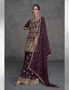 Buy a Brown Colour Sharara Suit Online Latest Salwar Kameez Designs, Short Formal Dress, Tunic Style Tops, Punjabi Salwar Suits, Semi Formal Dress