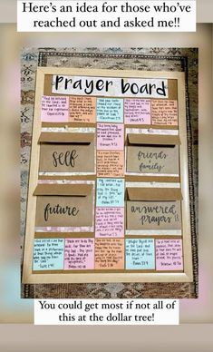 a bulletin board with words written on it and an image of the word prayer board