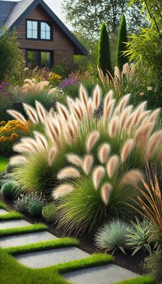 a garden with grass and flowers in front of a house