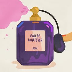 an illustration of a purple bottle with the words eau de whatever written on it