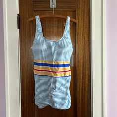 Nice Boy Leg Striped Swimsuit With A Colorful Tie At The Back. Nwt. Striped Sleeveless Lined Swimwear, Sleeveless Striped Lined Swimwear, Striped Tops For Beach Season, Striped Sleeveless Summer Tankini, Blue Sleeveless Lined Tankini, Casual Striped Sleeveless Tankini, Nice Boy, Striped Swimsuit, Womens Swim