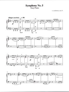 sheet music with the words'syphony no 5 easy piano