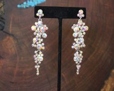 Iridescent Wedding Jewelry With Matching Earrings, Iridescent Jewelry With Matching Earrings For Wedding, Iridescent Dangle Jewelry For Wedding, Iridescent Dangle Earrings For Wedding, Pink Crystal Bracelet, Bridal Party Earrings, Gold Rhinestone Earrings, Pageant Earrings, Prom Earrings