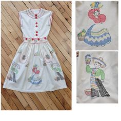 Absolutely adorable hand embroidered Mexican scenes cotton dress.  This is a rare find!  The embroidery is really darling so so perfectly done!  This is likely a girls dress, but it will fit a petite lady.  It has buttons all the way around the waist, so it is detachable so can be worn separately. Buttons did not test positive for Bakelite.  Condition - Excellent.  One button was missing, so I have replaced it with a red button the same size (see last photo).  It's on the back.  Measurements - C Dress Detachable Skirt, Floral Print Party Dress, Detachable Skirt, Floral Cotton Dress, Skirt And Top, 1930s Fashion, Printed Cotton Dress, Vintage Tablecloths, Red Button