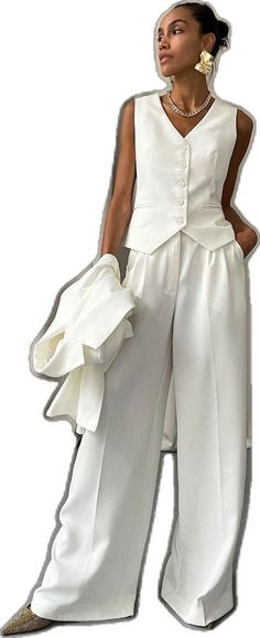 Chic Summer Wedding Sets, White Sleeveless Evening Sets, Chic White Sets For Wedding Guest, Chic White Wedding Sets, Chic White Set For Wedding Guest, Chic Fitted Wedding Sets, Elegant Fitted Summer Pantsuit, Elegant White Summer Sets, White Tuxedo Style Evening Pantsuit