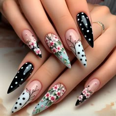 Get your nails on fleek with these cute polka dot black nails! Perfect for adding a touch of floral flair to your look. 💅🌸 #nails #floral #blacknails #polkadotnails #nailart #manicure Acrylic Nails Dot Design, Mama Nails, Nail Art Designs Valentines, Nail Art Designs Valentines Day, Nail Designs For Beginners, Easy Nail Designs, Dot Nail Designs, Easy Nail Art Designs