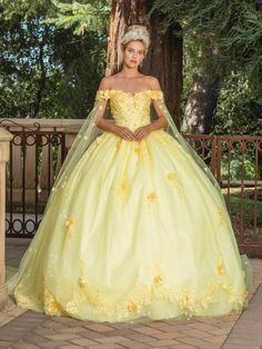 Yellow Ballgown, Yellow Quinceanera Dress, Wolf Cuts, Quinceanera Themes Dresses, Sheer Cape, Magical Dress, Big Dresses, Long Cape