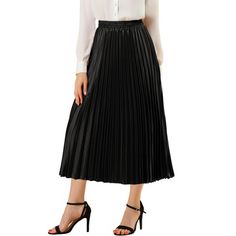 Allegra K Women's Party Elastic Waist Metallic Shiny Accordion Pleated Midi Skirt Black Medium Black Knee-length Accordion Pleated Skirt, Black Midi Length Accordion Pleated Skirt, Knee-length Party Skirt With Pleated Waist, Party Skirt With Pleated Waist In Midi Length, Pleated Midi Skirt For Party, Pleated Midi-length Bottoms For Night Out, Spring Party Skirt With Folds, Black A-line Pleated Party Skirt, Black Party Skirt With Folds