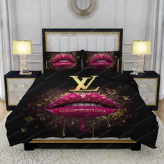 the louis vuitton bedding set has pink lips and gold letters on it