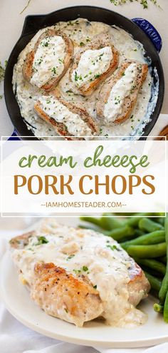 cream cheese pork chops in a skillet with green beans and mashed potatoes